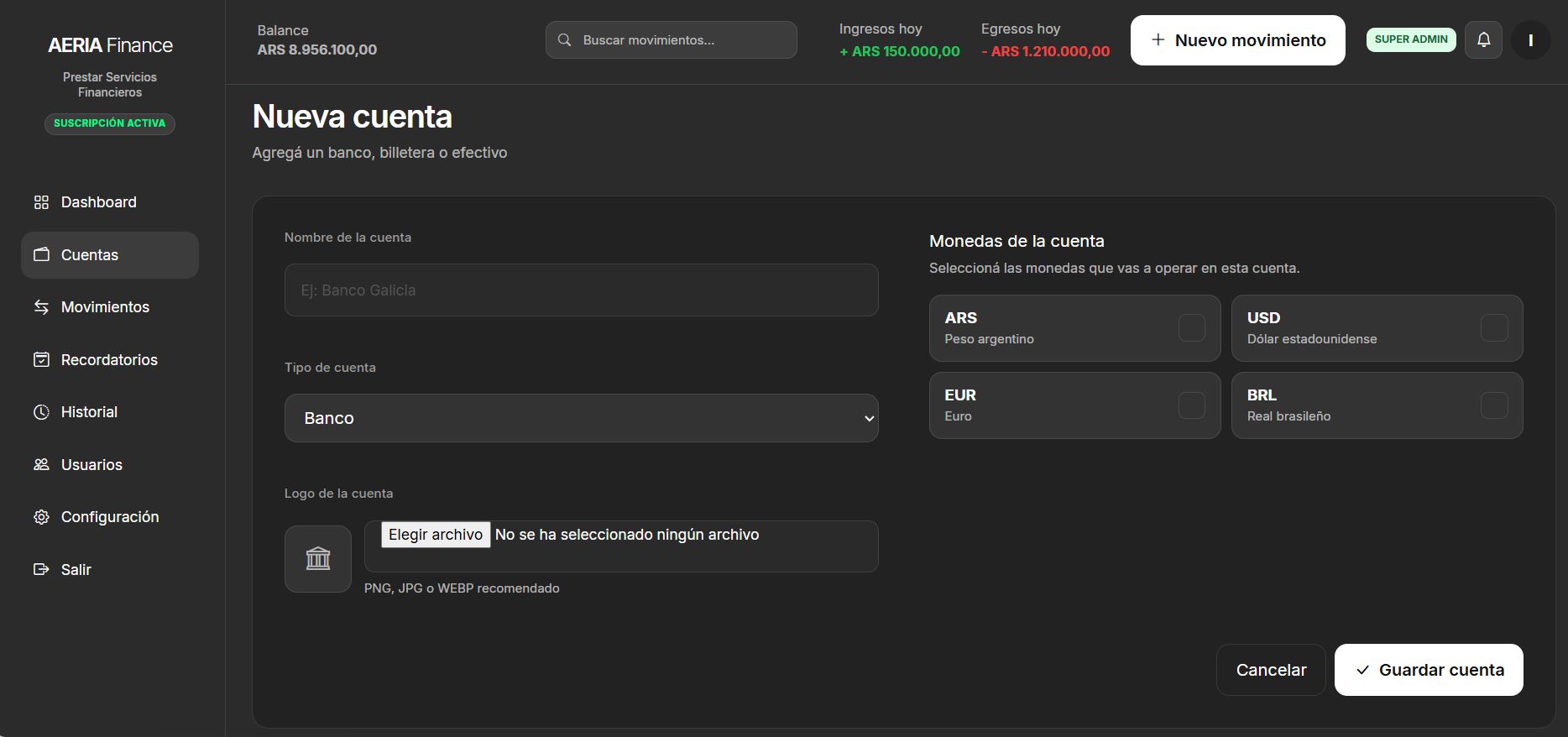 Formulario para crear una nueva cuenta en AERIA Finance