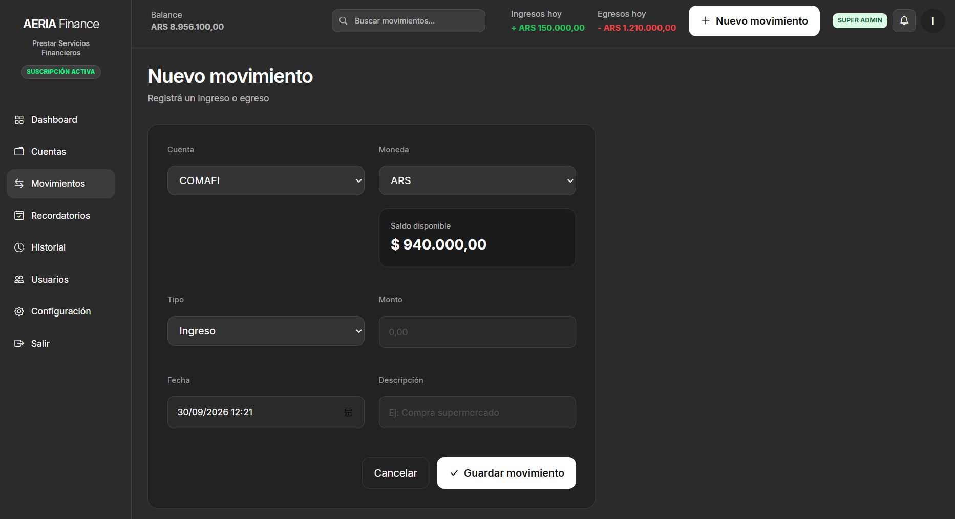 Registro de un nuevo movimiento en AERIA Finance