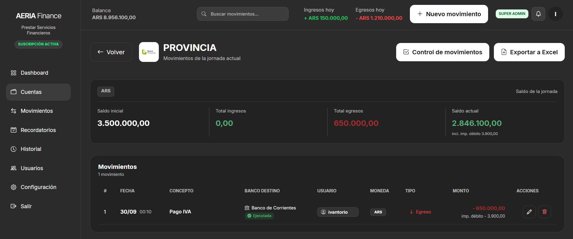 Detalle de movimientos y saldo de una cuenta en AERIA Finance