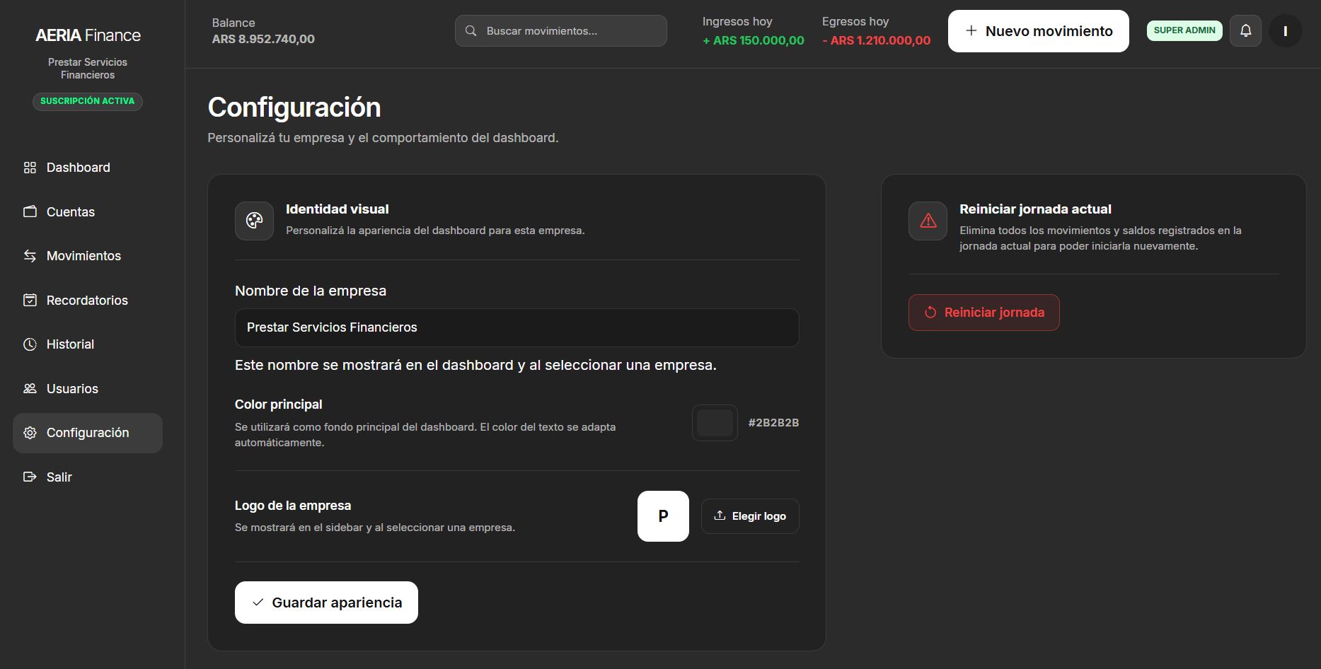 Configuración general de una empresa en AERIA Finance