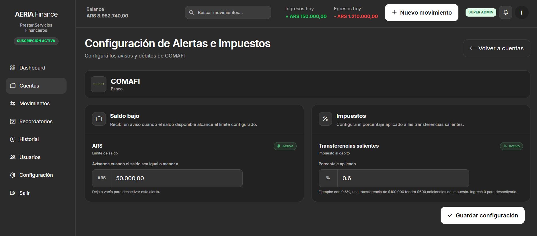 Configuración de alertas e impuestos de una cuenta en AERIA Finance